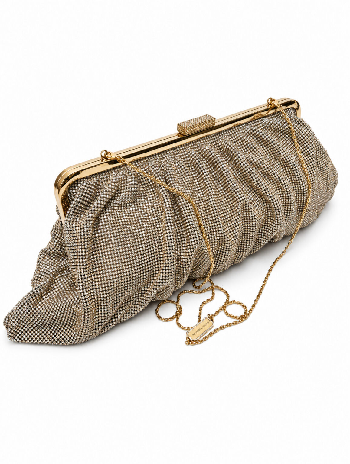 Borsa Zevara TWENTYFOURHAITCH color oro con superficie plissettata e dettagli brillanti, chiusura metallica e tracolla a catena oro